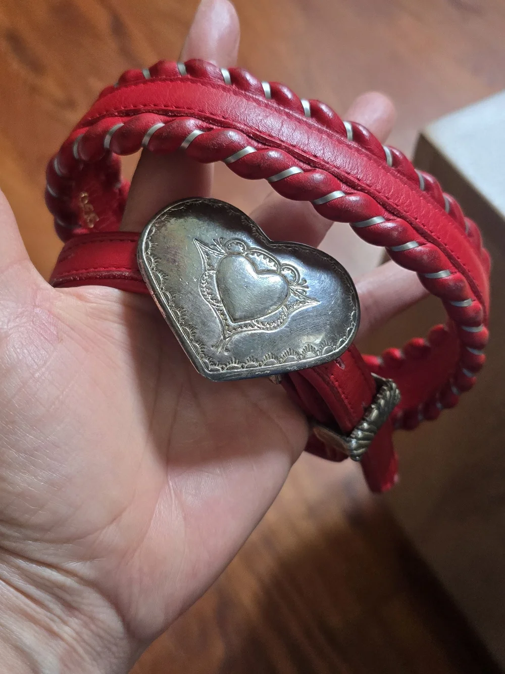 Vintage Dun Dee Red Full Grain Leather Belt Size 26 Braided Silver Heart Buckle